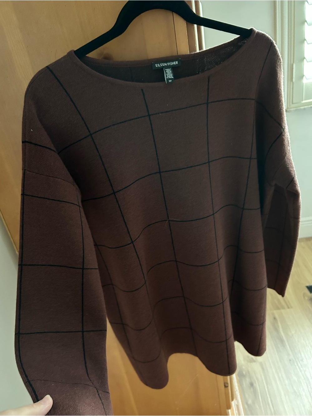 Eileen Fisher Chocolate Brown Windowpane Crewneck Sweater
